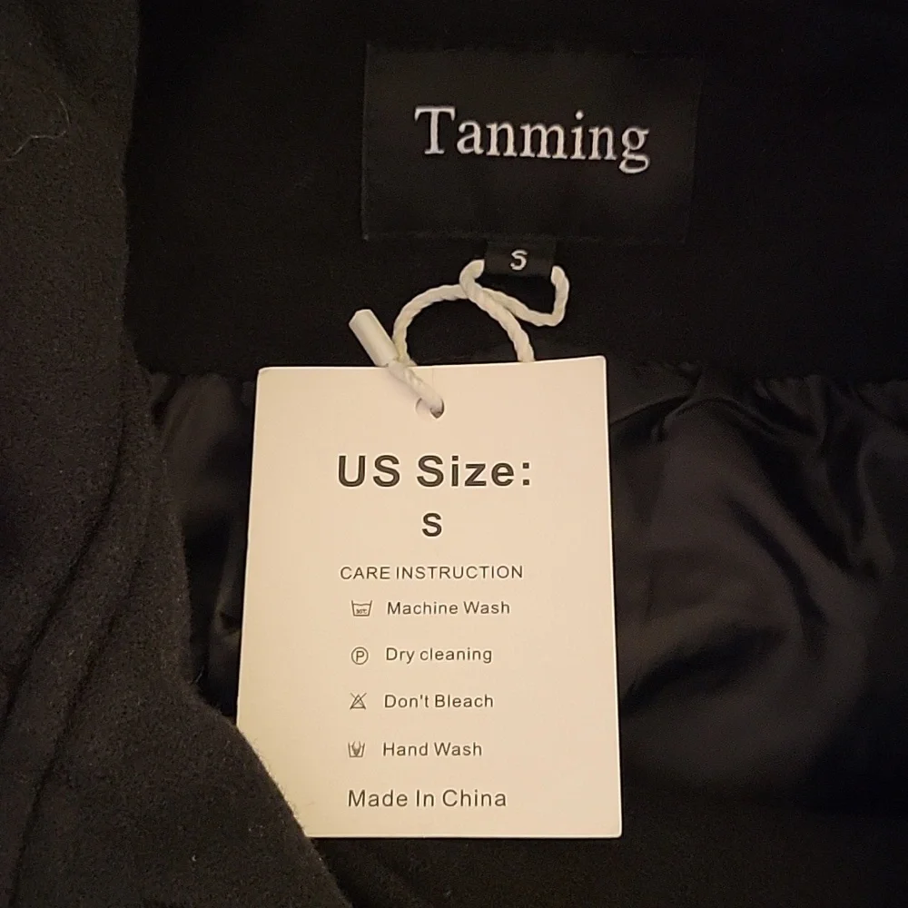 Tanming black double breasted wool pea coat trench coat jacket hood Small New …
